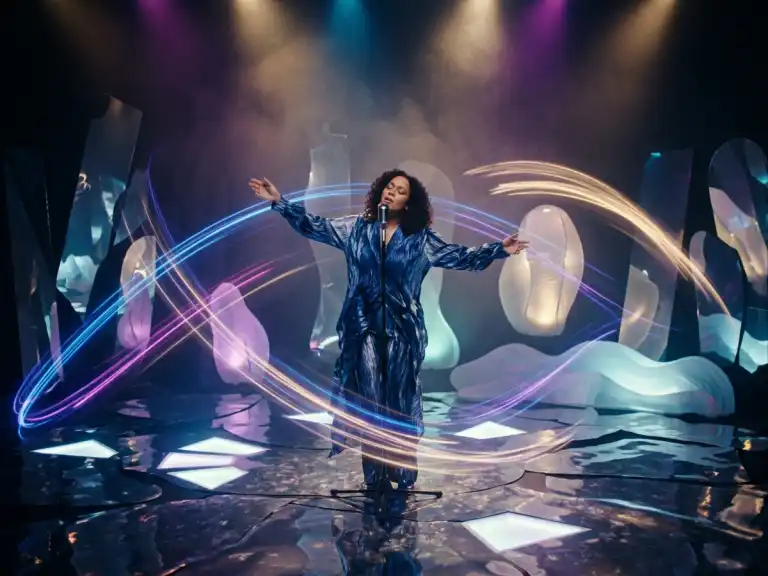 Performer inside a surreal beat-matched music video environment with stylized cinematic lighting