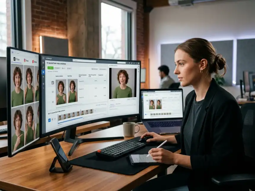 Performance marketer reviewing multiple short-form social ad video variants with a consistent on-brand character