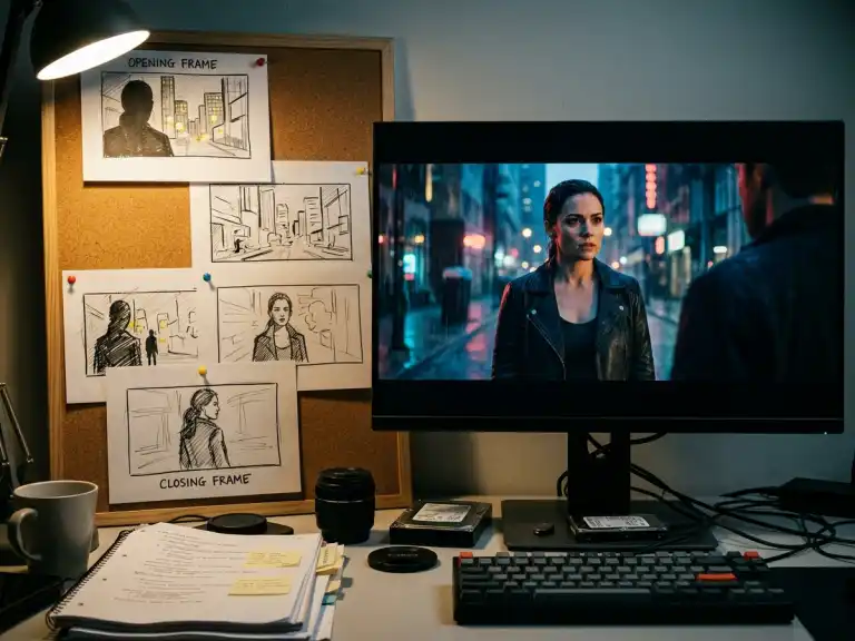 Storyboard frames and a filmmaker workstation turning a visual concept into a cinematic film scene