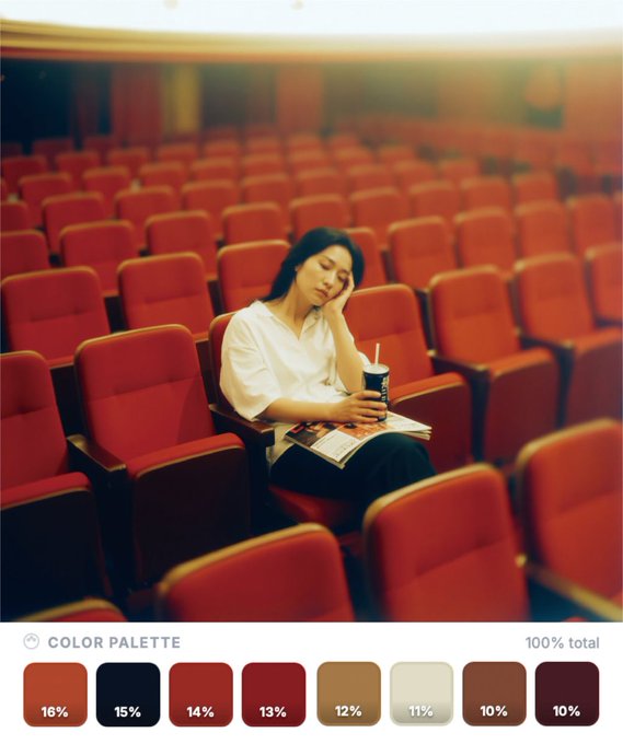 Wan 2.7 Image color palette example with woman in red cinema seats