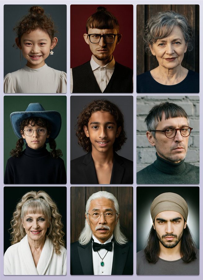 Wan 2.7 Image real faces example showing diverse portrait identities in a grid