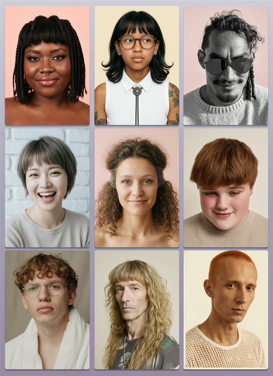 Wan 2.7 Image identity variety sheet with realistic faces across ages